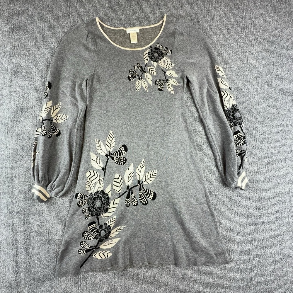 Max Studio Sweater Dress Womens Medium Gray Floral Puff Sleeve Knit 7907360